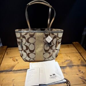 NWT COACH Signature Stripe Tote Bag Brown Gold Canvas Leather Shoulder Purse